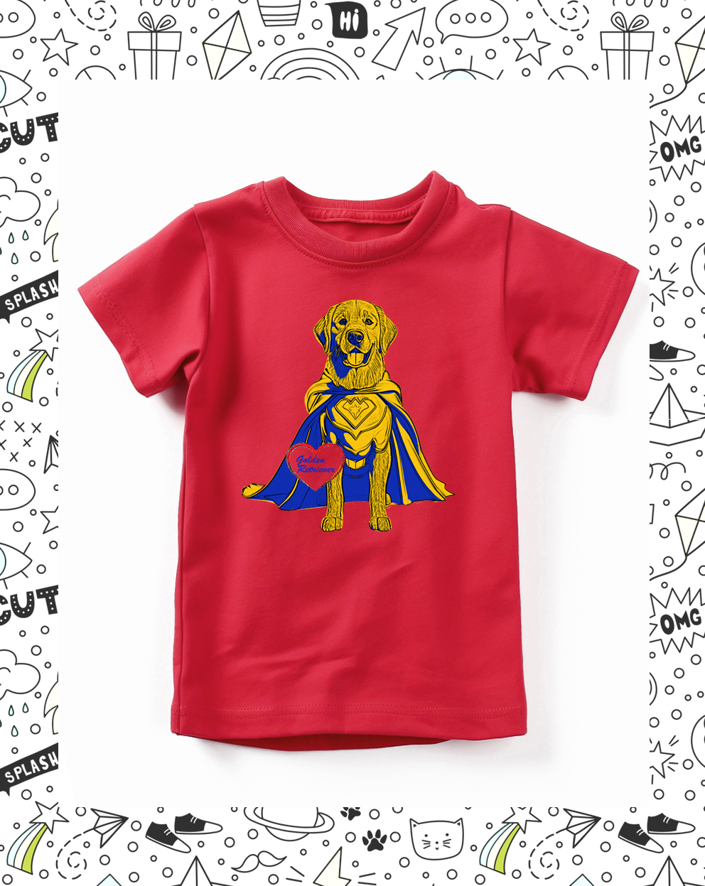 t-shirt enfant rouge motif golden retriever