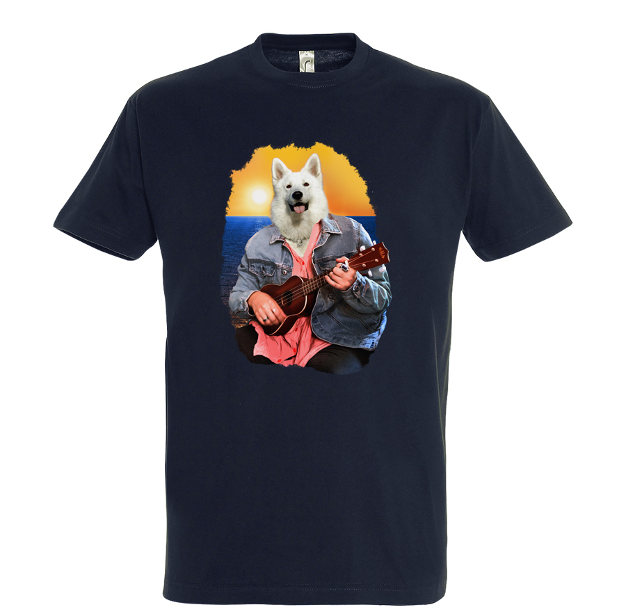 t-shirt chien ukulele- homme bleu marine