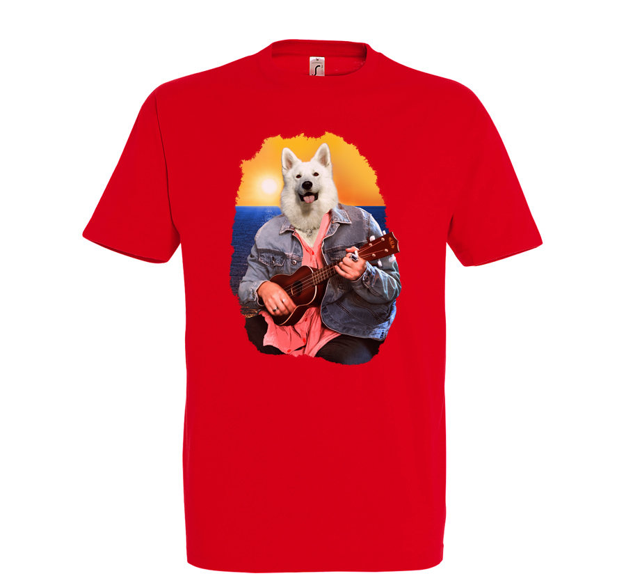 t-shirt chien ukulele- homme rouge