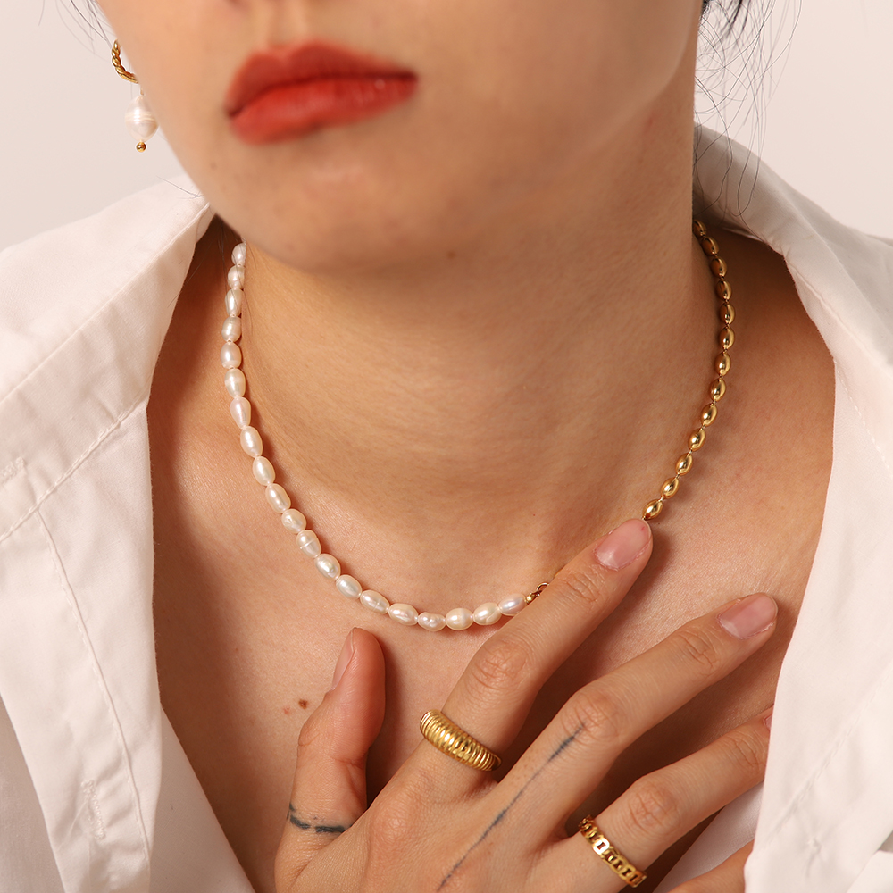 JOHalf-Collier-Ras-du-Cou-en-Perles-d-Eau-Douce-pour-Femme-Plaqu-Or-18K-Acier