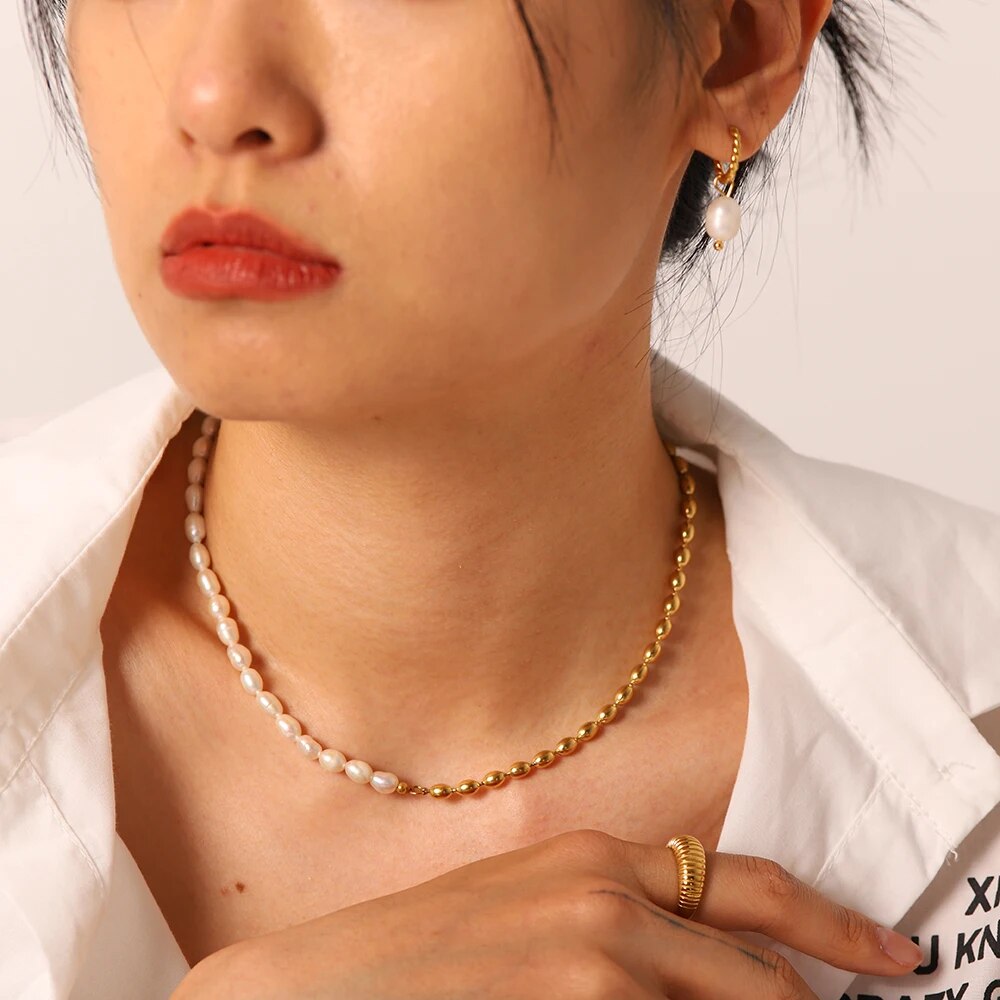 JOHalf-Collier-Ras-du-Cou-en-Perles-d-Eau-Douce-pour-Femme-Plaqu-Or-18K-Acier