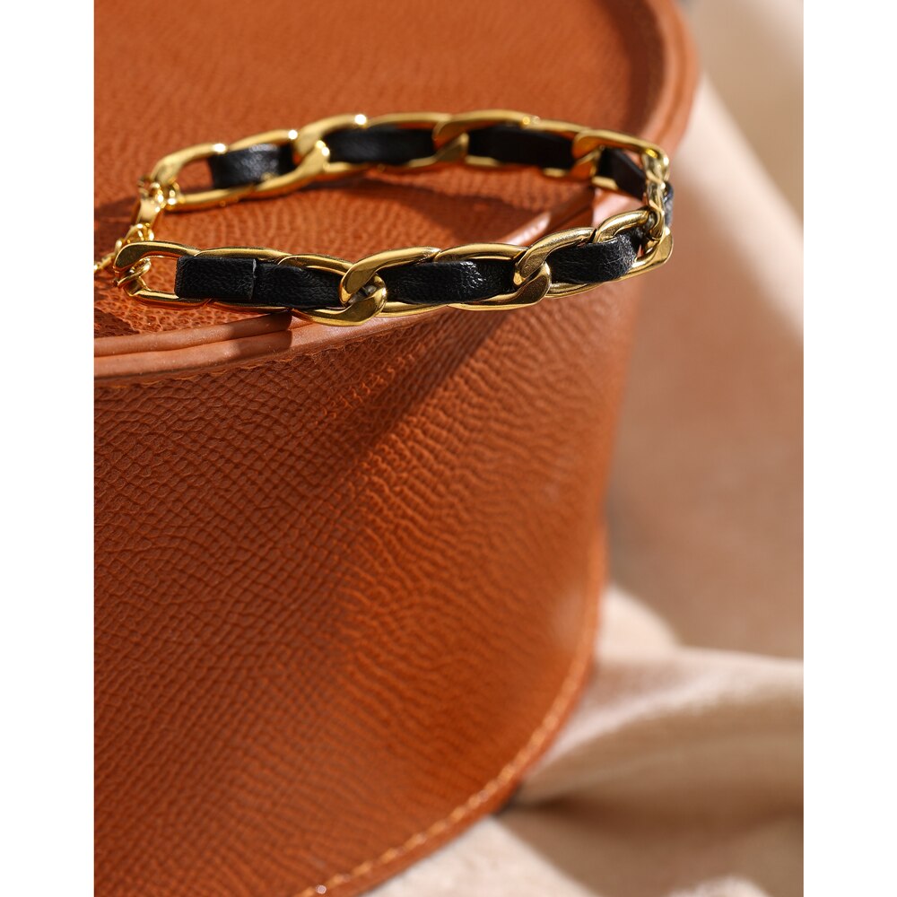 Yhpup-Bracelet-cha-ne-en-cuir-tendance-pour-Femme-Bijoux-en-acier-inoxydable-et-m-tal