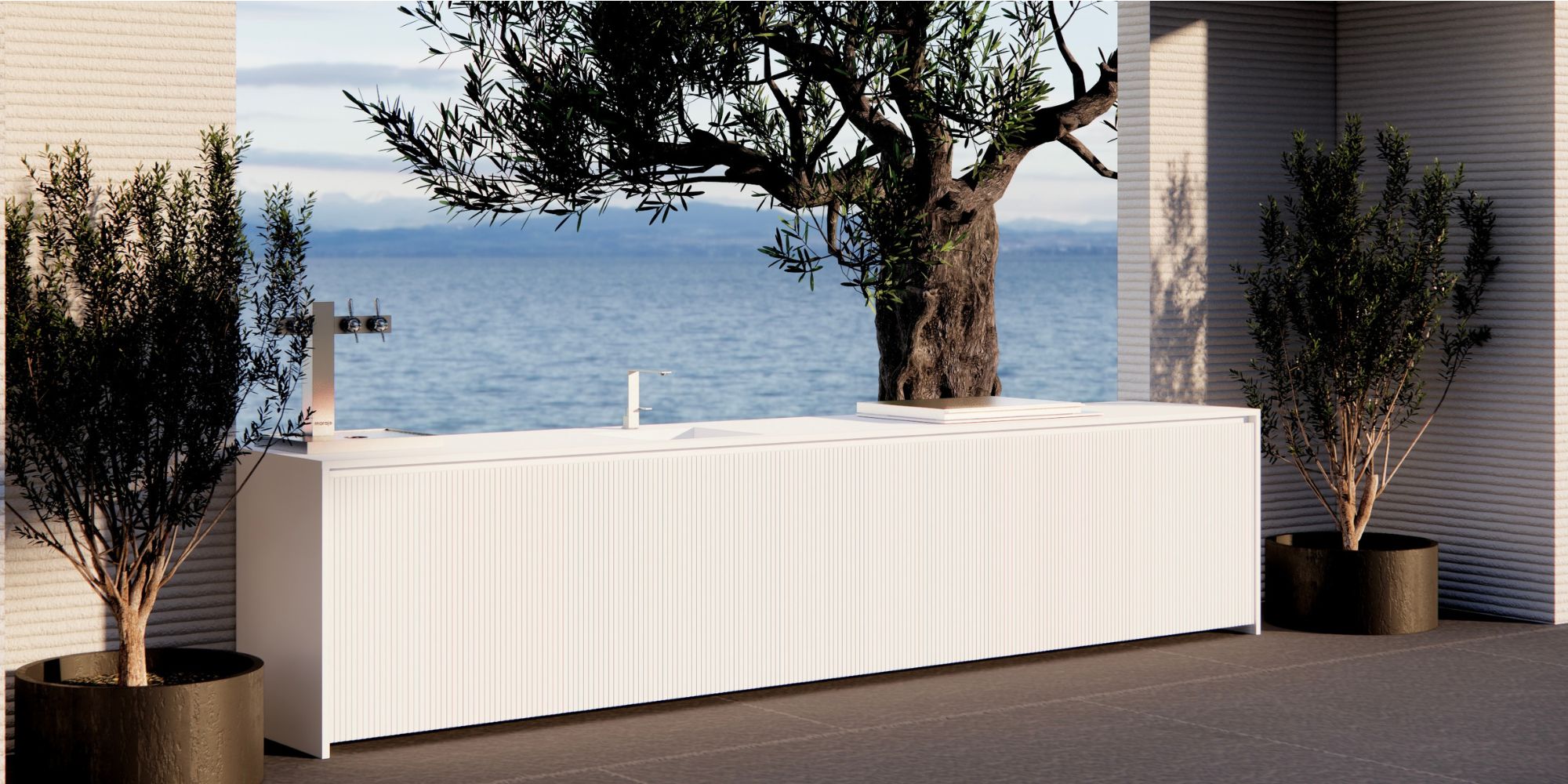 cuisine d exterieur avec vue sur la mer et des oliviers