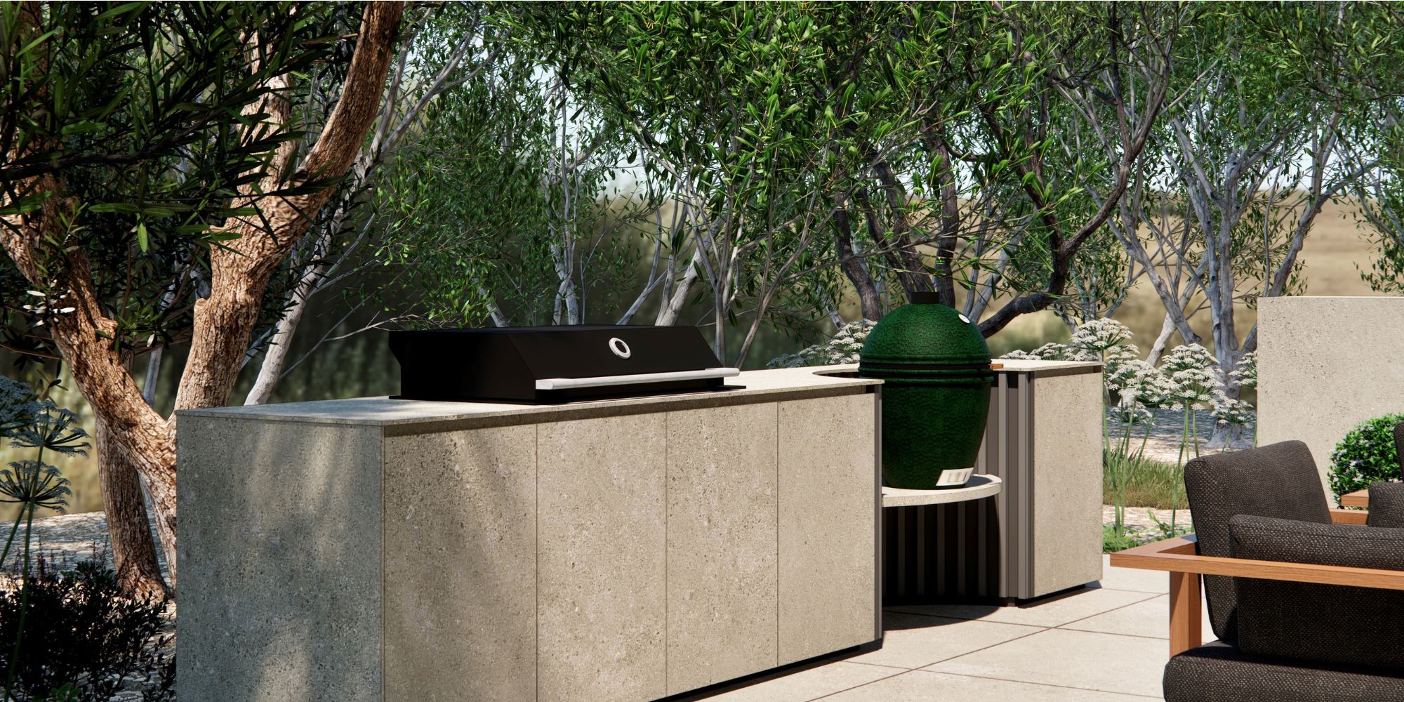 cuisine d exterieur dans un jardin entouree d oliviers