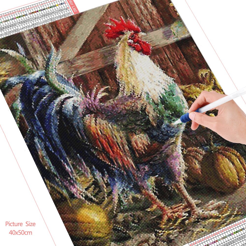 HUACAN-autocollant-mural-mosa-que-de-coq-en-diamant-peinture-d-animaux-de-ferme-broderie-de