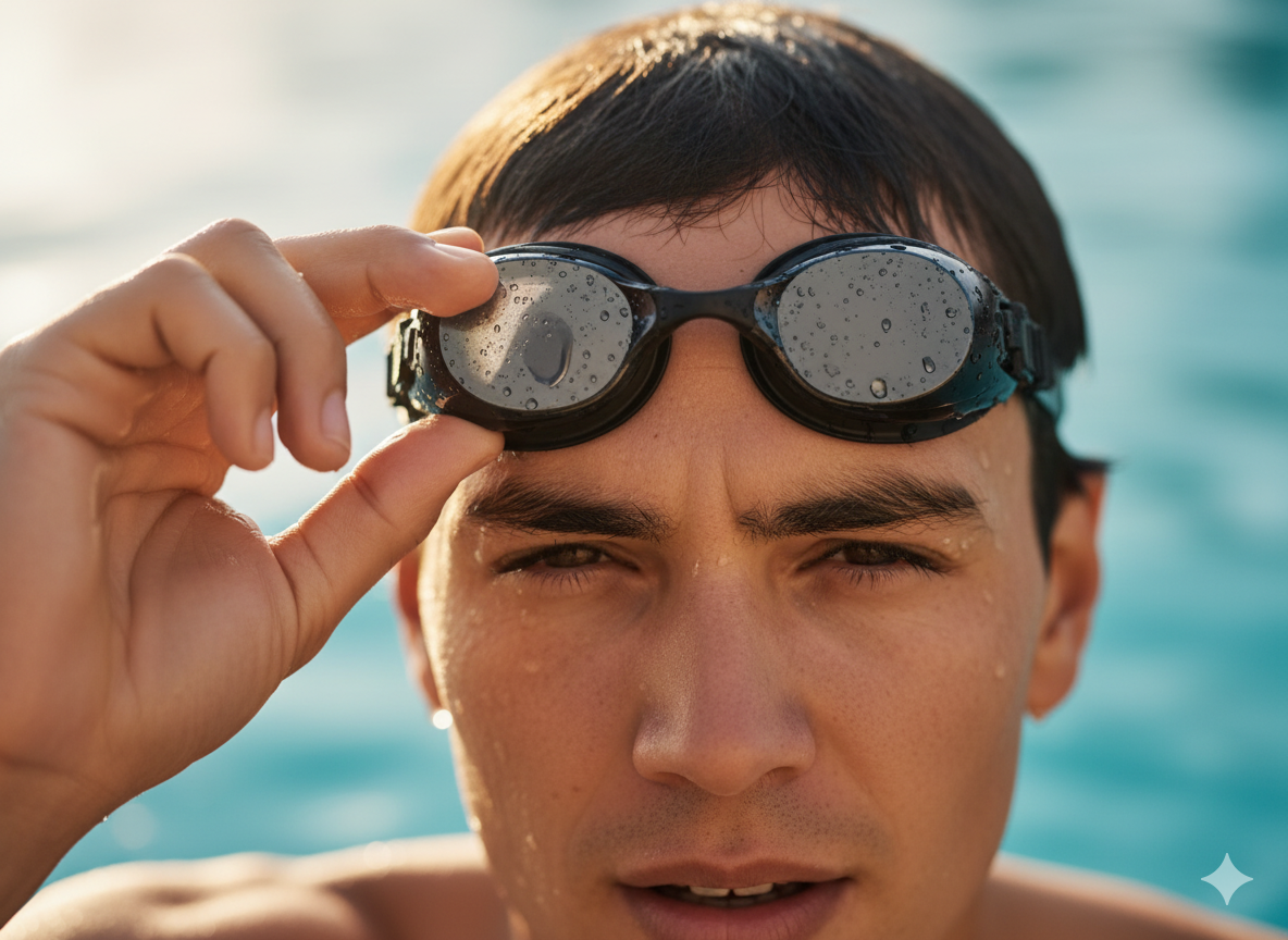 nageur gene par de la buee et de l eau dans ses lunettes de piscine