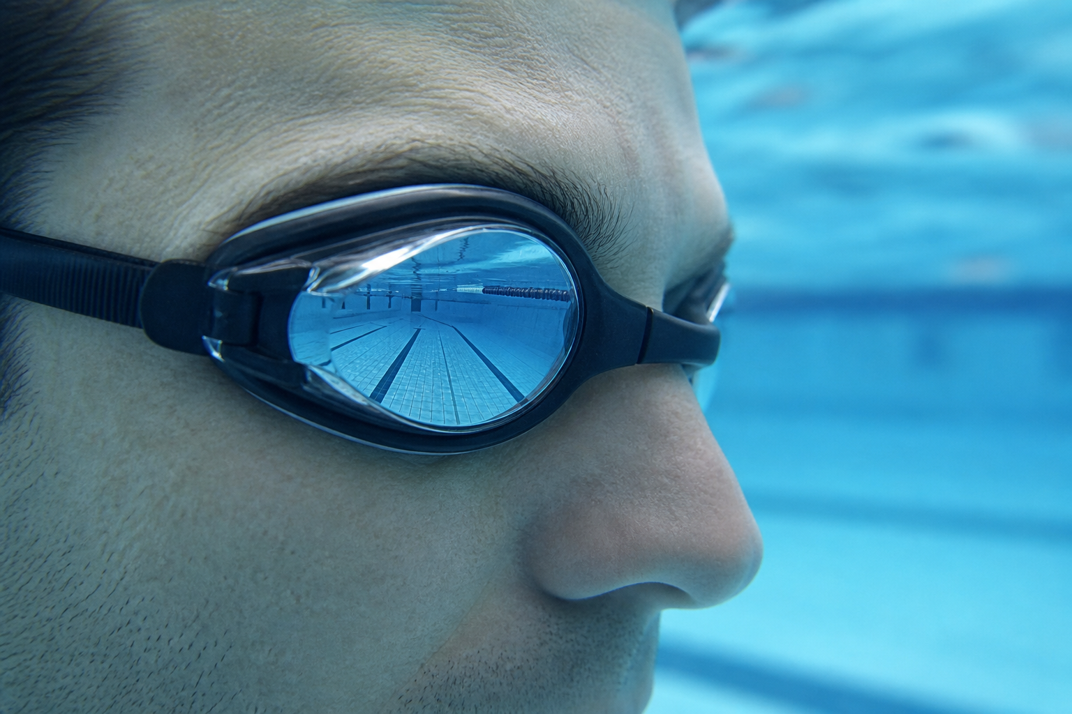 Nageur myope observant la ligne d'eau floue sous la surface du bassin