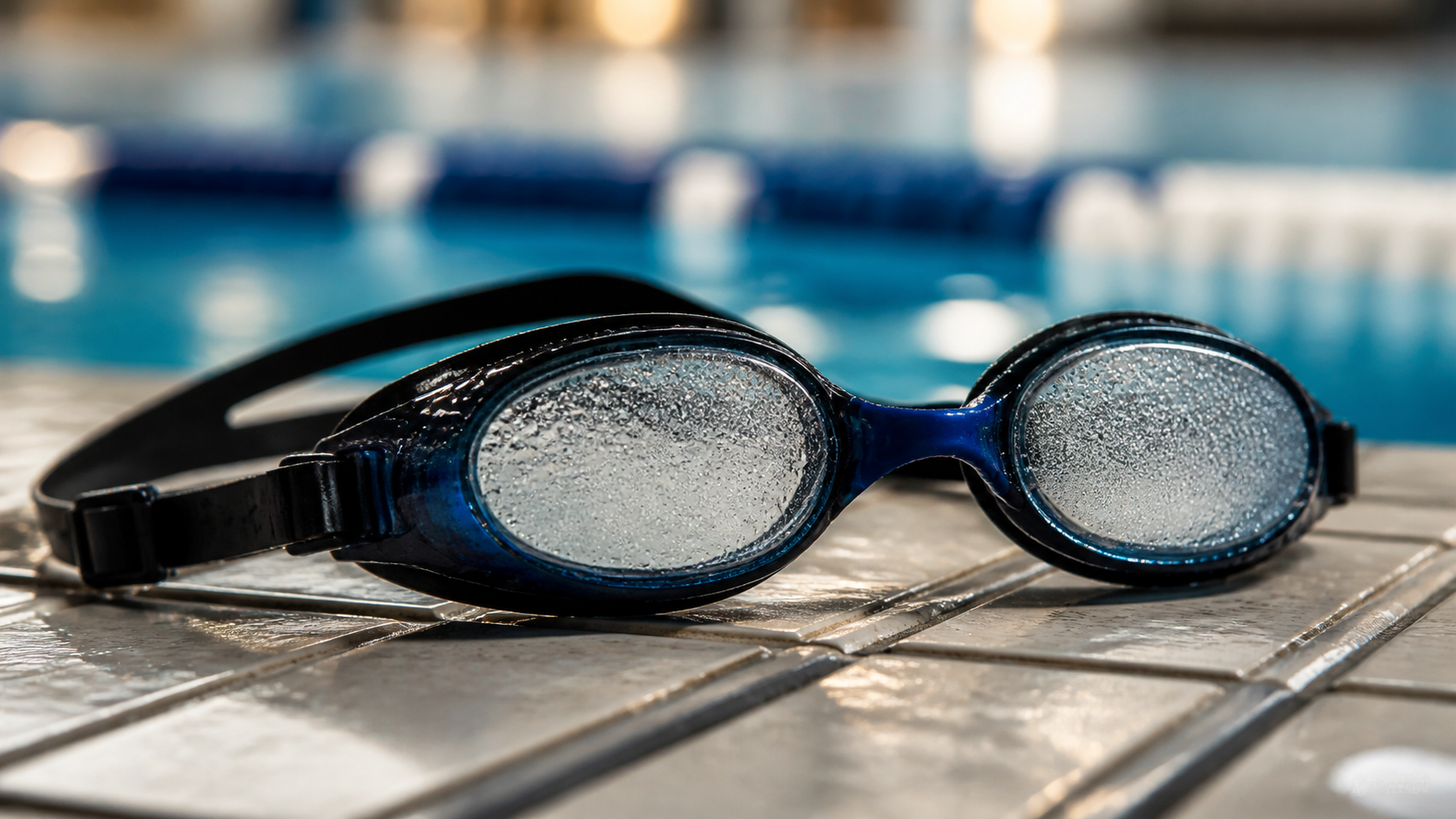 Lunettes de natation embuées posées au bord d'un bassin couvert