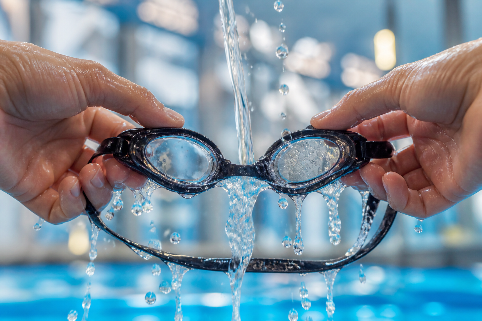 Nageur rinçant ses lunettes de natation au bord du bassin