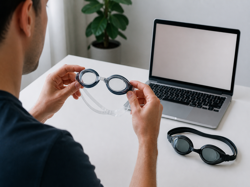 Nageur comparant deux paires de lunettes de natation en promotion