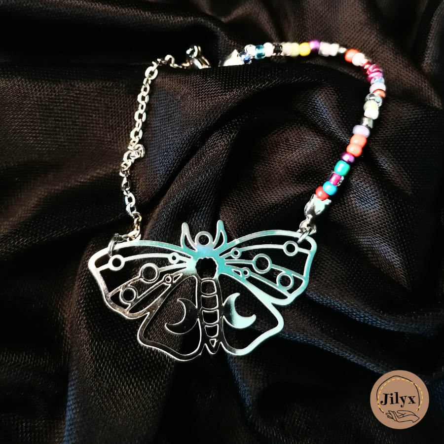 Bracelet bi matière papillon argenté satin
