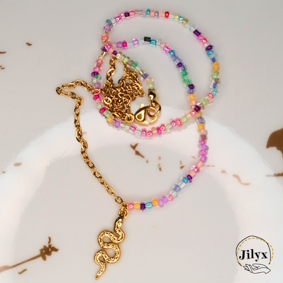 Collier bi matière serpent multicolore marbre