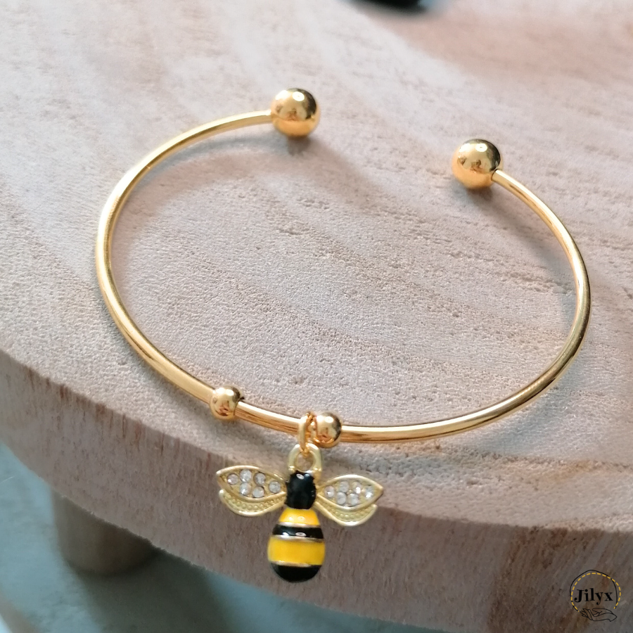 Bracelet jonc doré abeille jaune bois