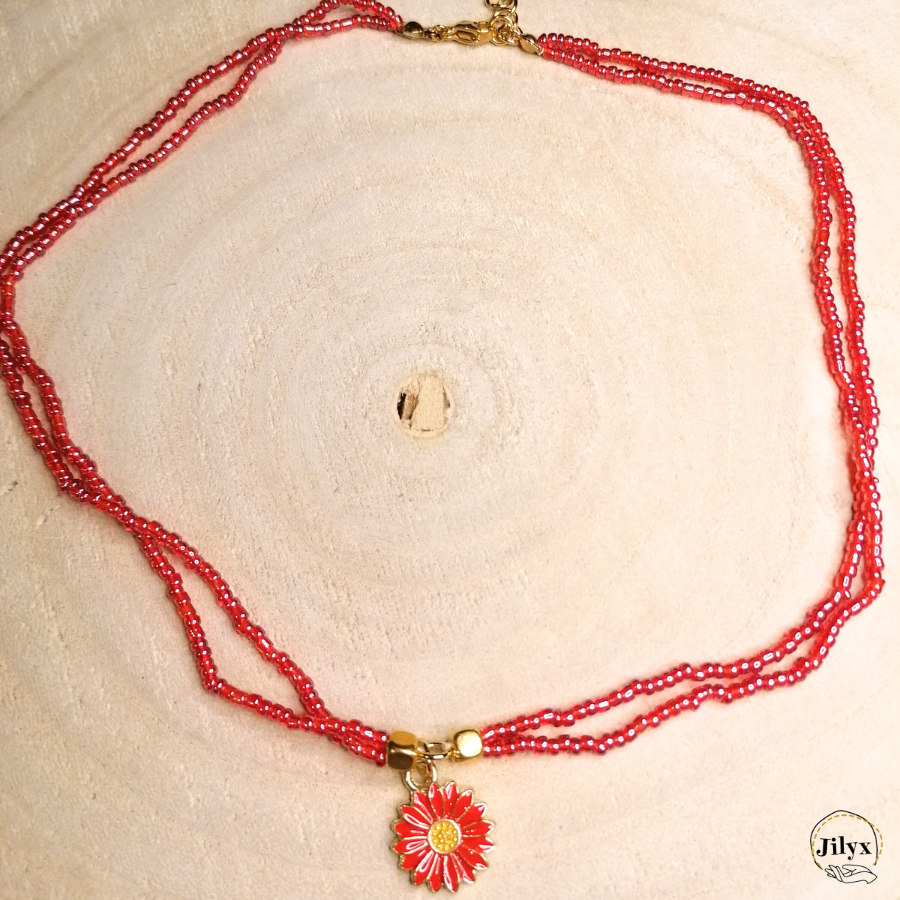 Collier ras de cou avec pendentif fleur rouge bois