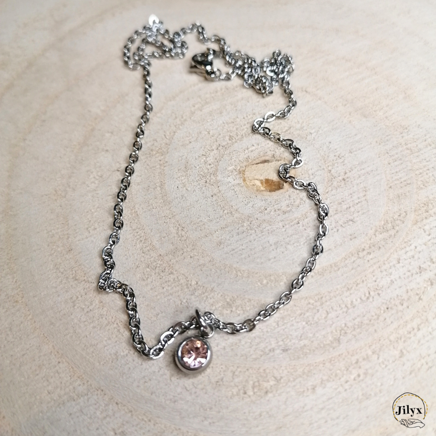 Collier argenté avec pendentif strass rose gold bois