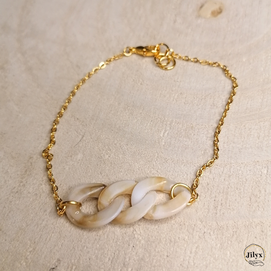 Bracelet chaine grosse maille  doré et beige bois