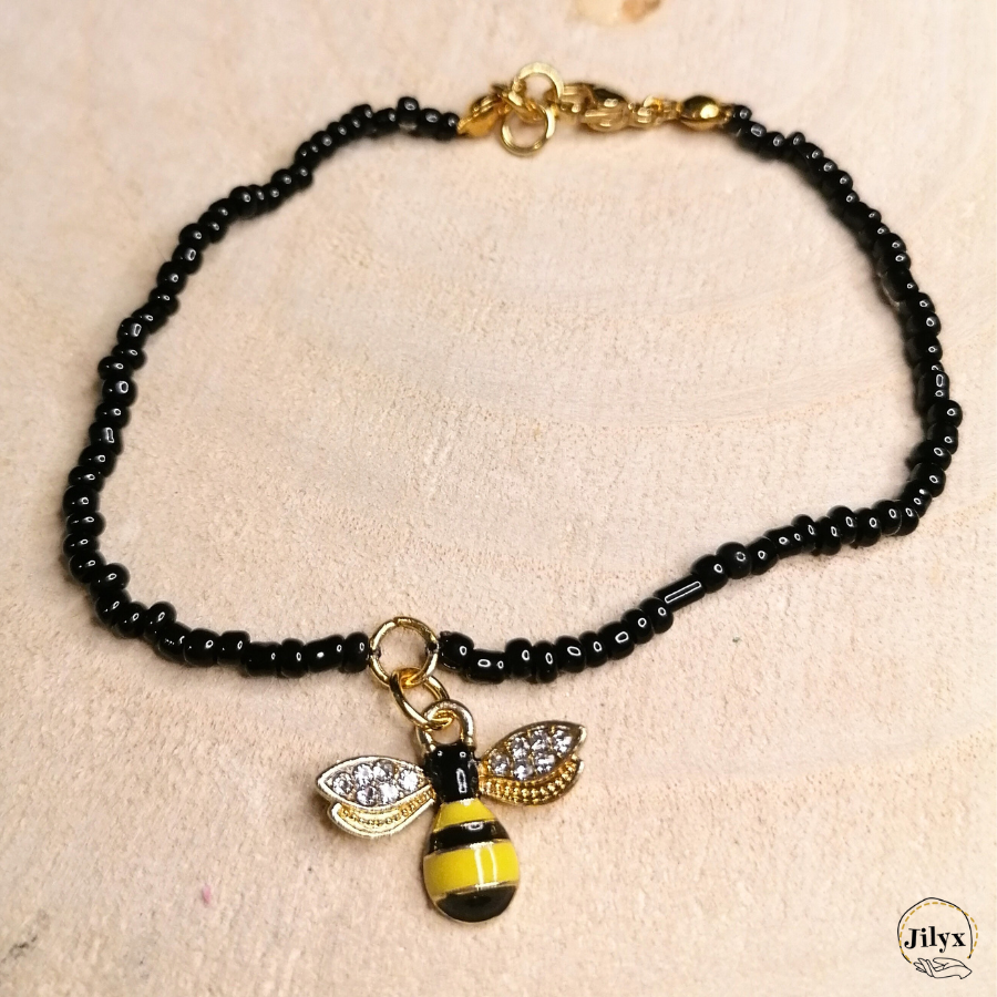Bracelet pendentif abeille perles 1 bois