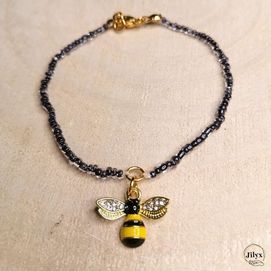 Bracelet pendentif abeille perles 2 bois