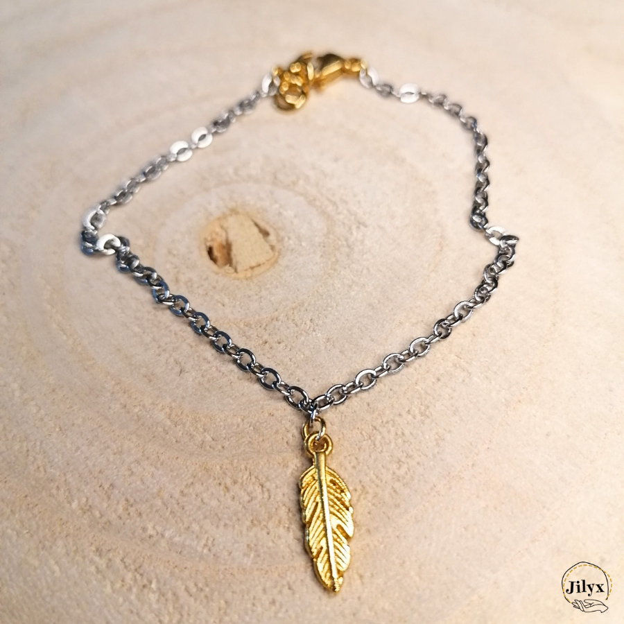 Bracelet pendentif plume argent et doré bois