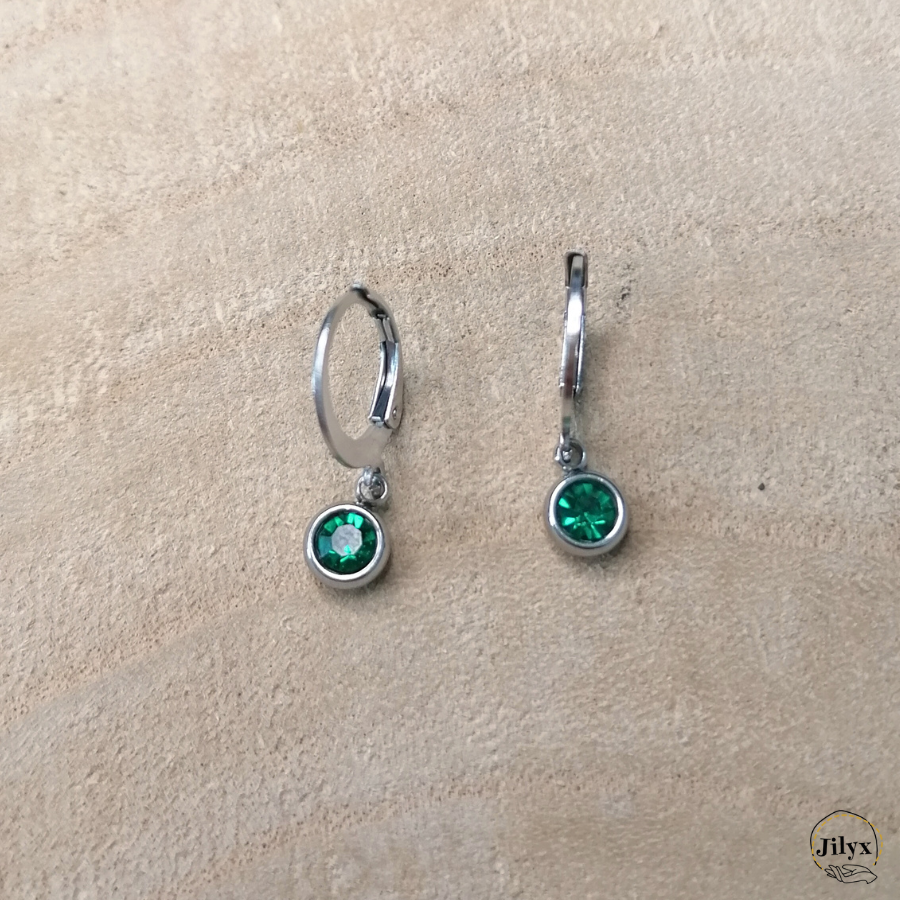 Boucles doreille argentée strass vert bois