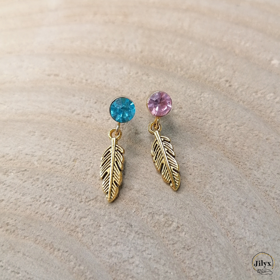 Boucles doreilles plume rose et bleu bois