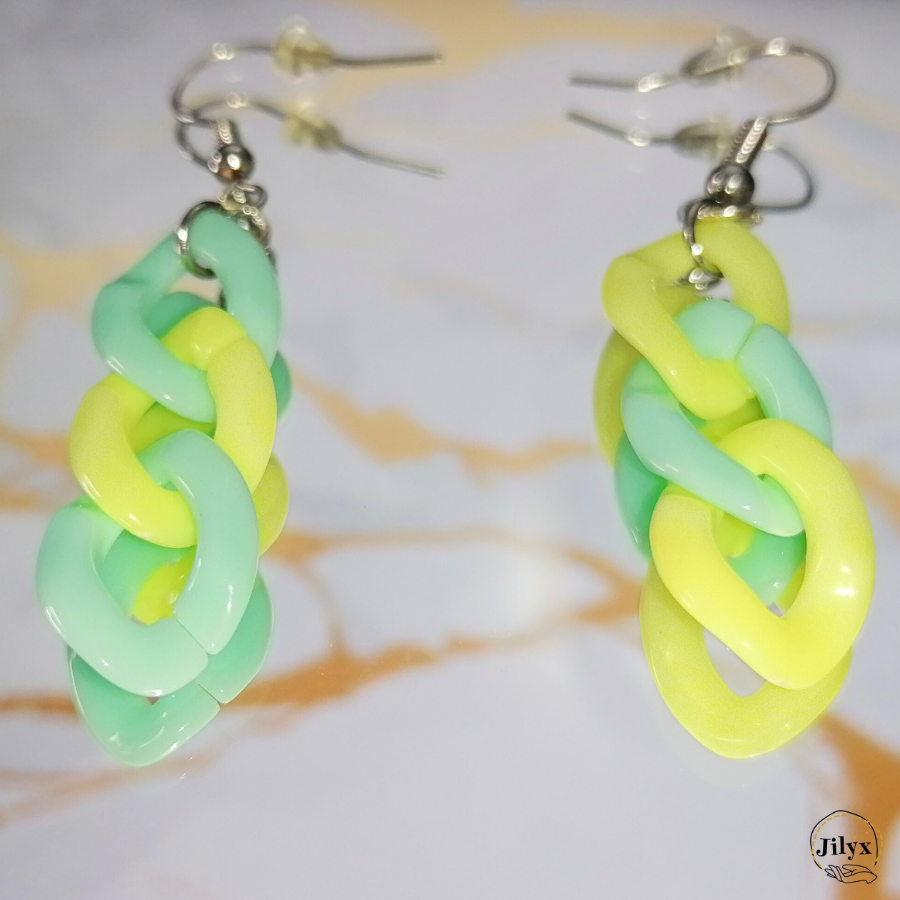 Boucles doreilles chaines grandes mailles jaune et vert