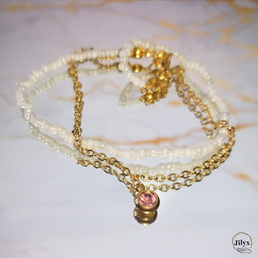 Bracelet blanc bi matière strass rose marbre