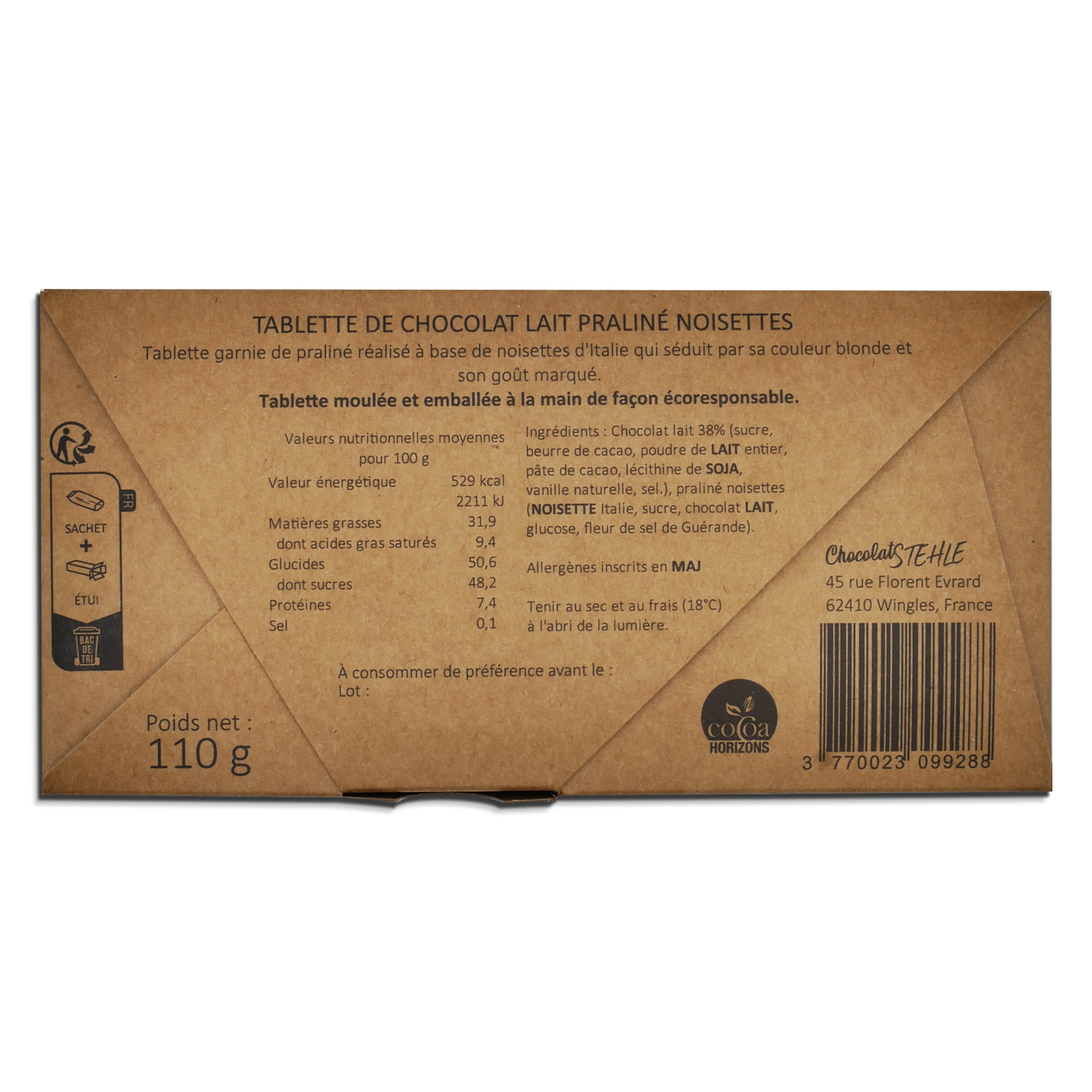 Tablette praliné noisettes chocolat lait 110 g Verso