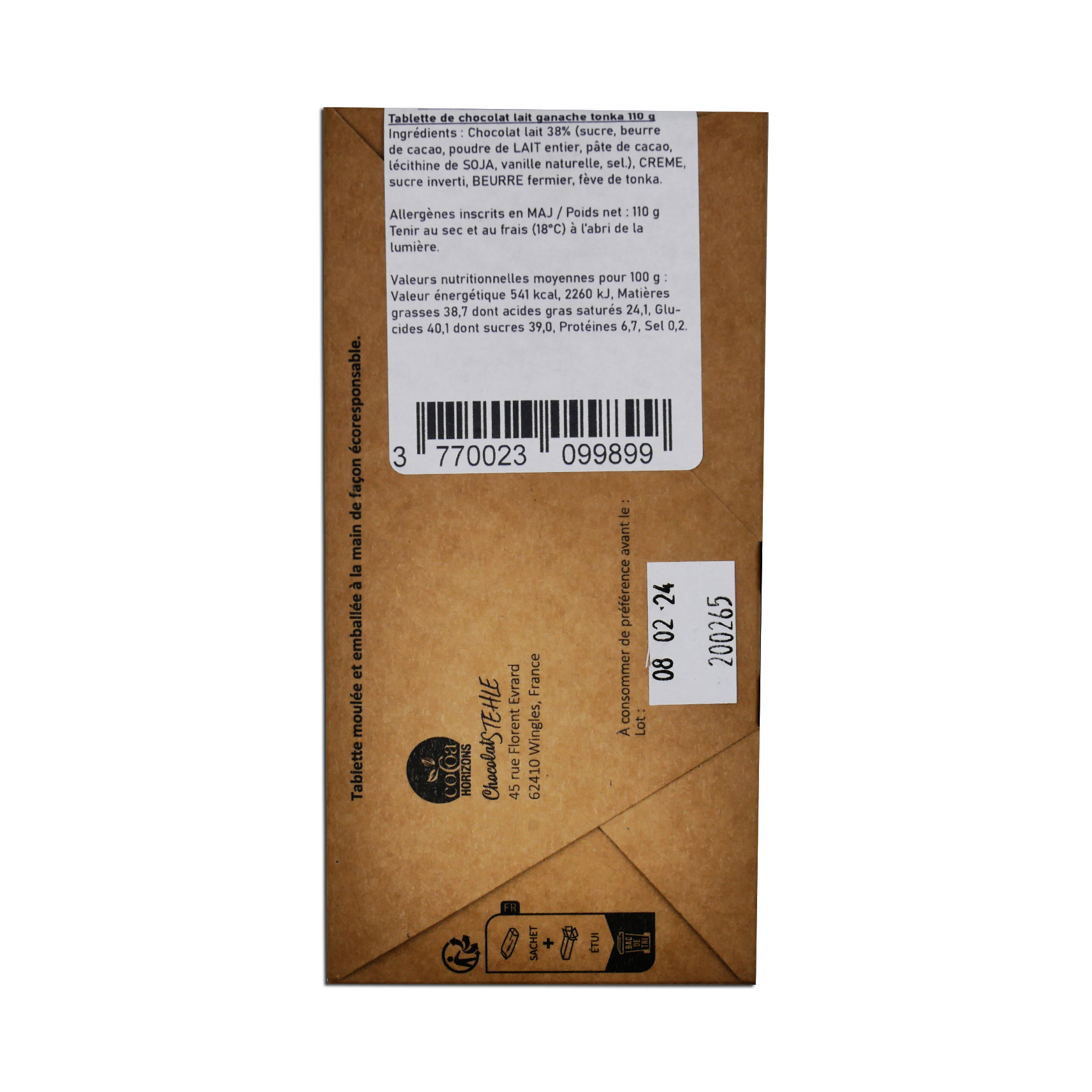 Tablette de chocolat lait ganache tonka chocolat lait verso