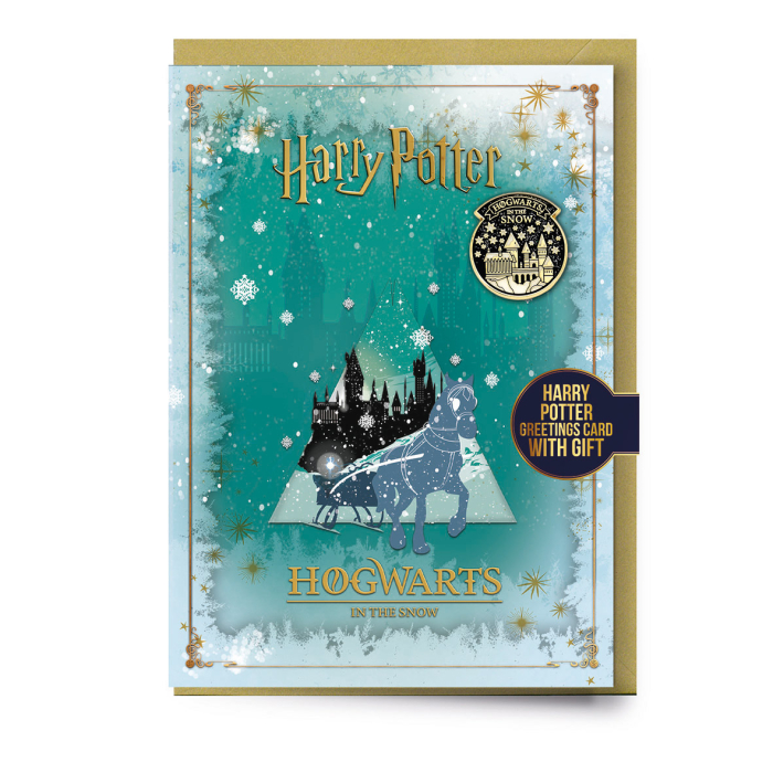 Carte de Noël Harry Potter Poudlard sous la neige avec badge 1