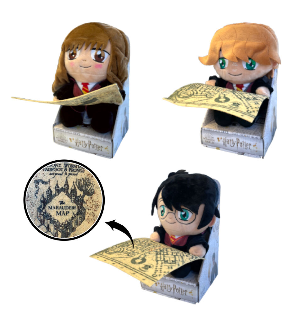 peluche mignonne harry ron et hermione avec carte du Maraudeur