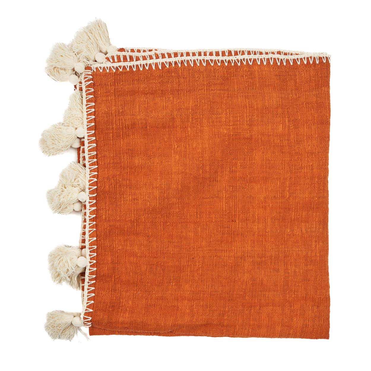 Jeté de lit terracotta avec coutures beiges et froufrous en pompons beiges