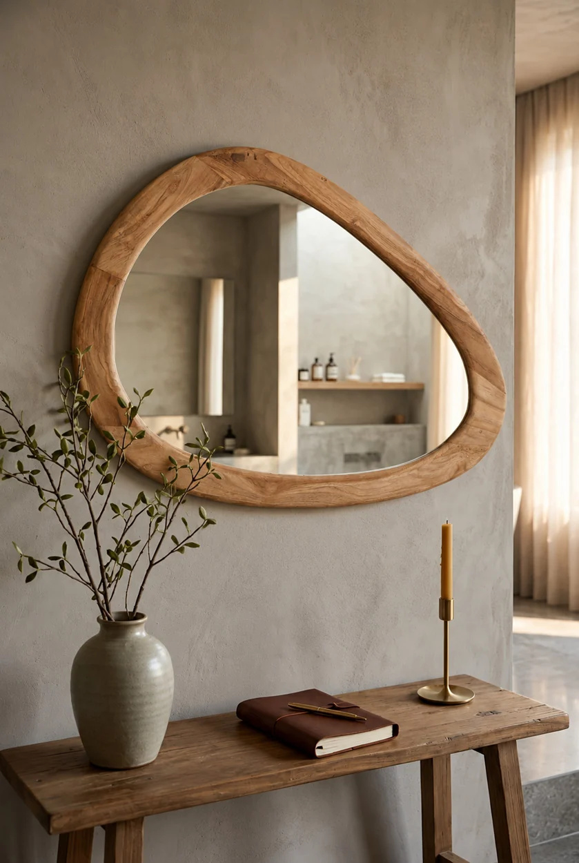 Miroir asymétrique en teck naturel présenté dans un intérieur