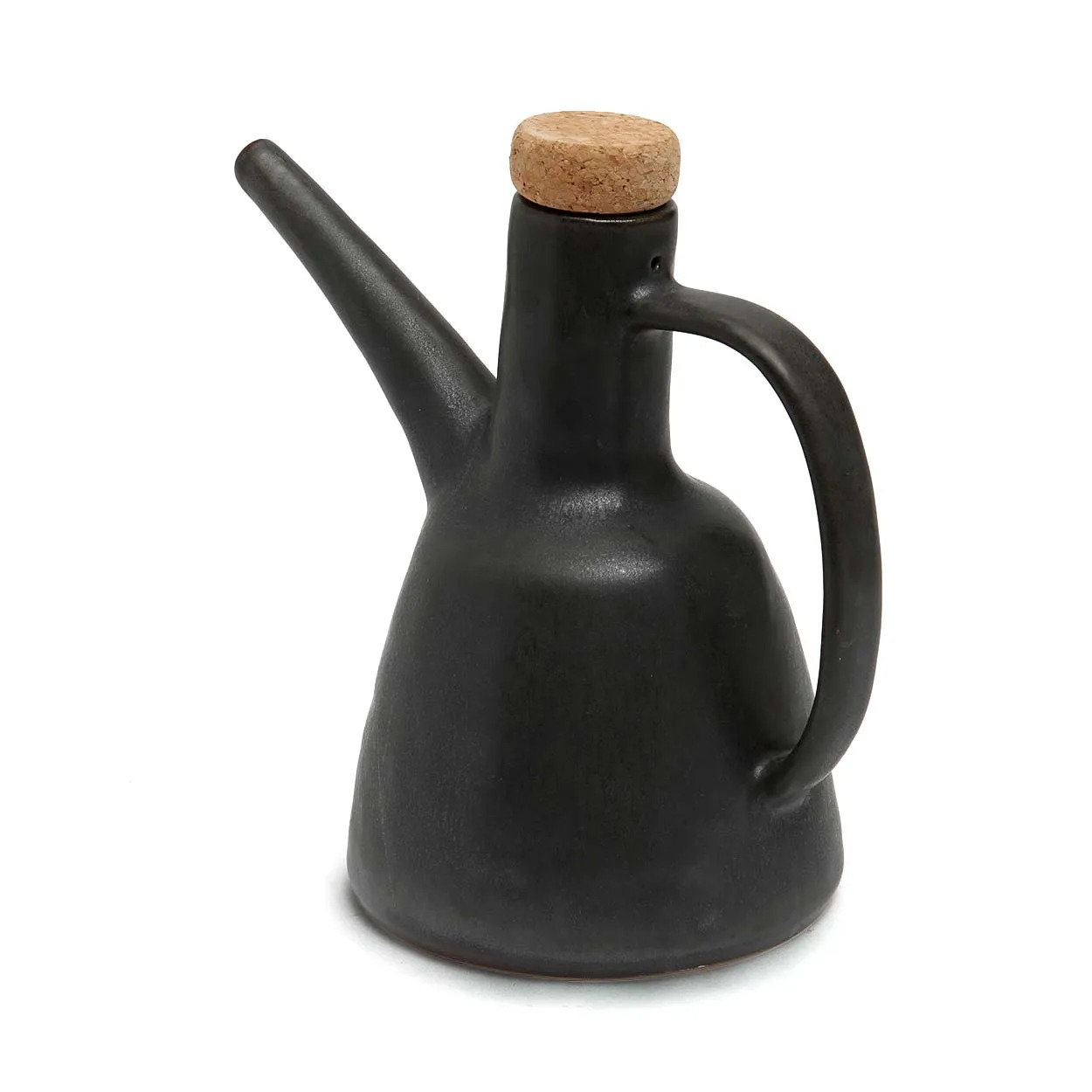 Bouteille à huile d’olive noire N°79 en grès avec bouchon en liège, vue de face.