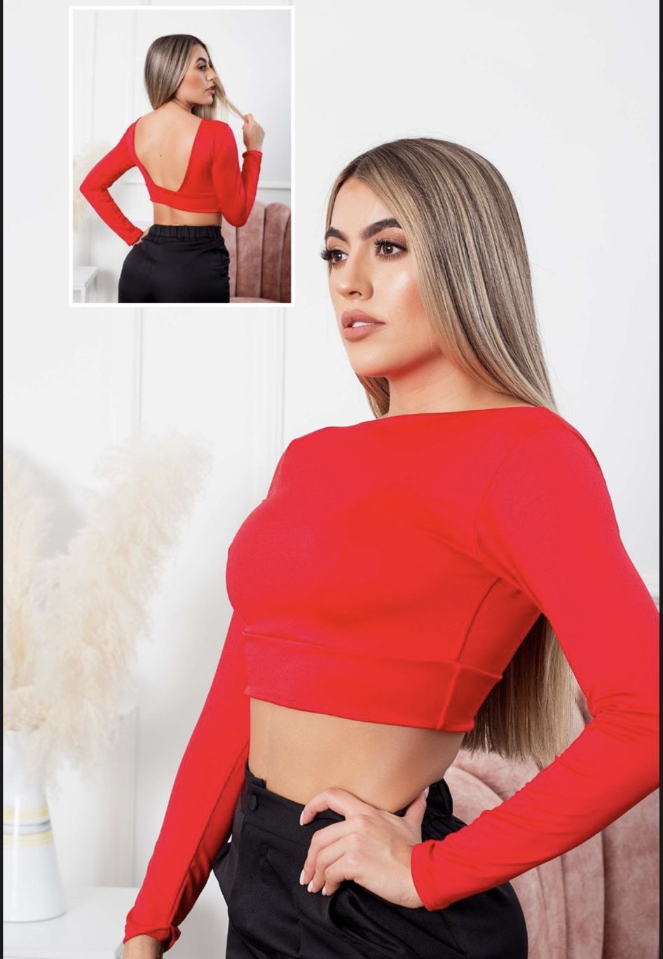 Crop top rojo manga larga top