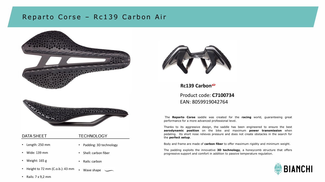 Selle REPARTO CORSE RC139 CARBON AIR BIANCHI - Périphériques route