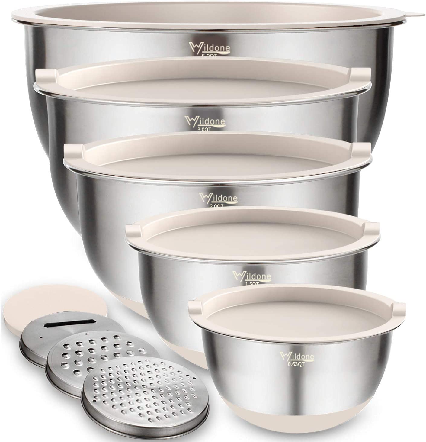 Set of 5 Stainless Steel Nesting Mixing Bowls with Khaki Lids, 3 Grater Attachments, Measurement Marks & Non-Slip Bottoms, Size 5, 3, 2, 1.5, 0.63 QT