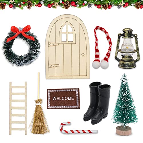 Porte De Lutin De Noël Avec Accessoires - Set Miniature En Bois 10 Pièces Pour Décoration Murale - Magie De Noël Pour Enfants