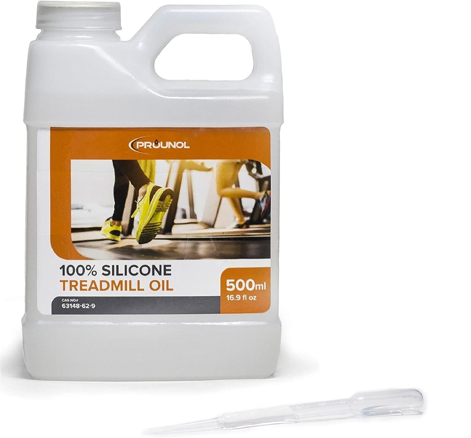 A bottle of silicone treadmill oil next to a bottle of water, demonstrating the products available for purchase for physical activity enthusiasts.