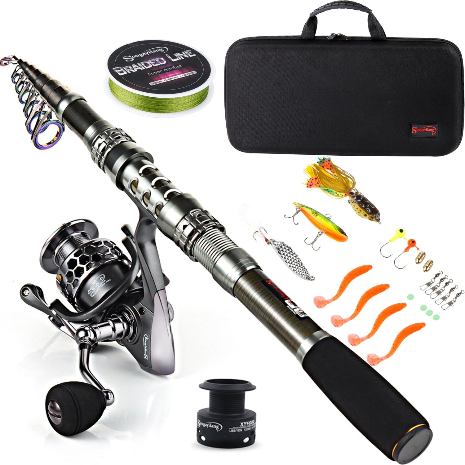 CANNE À PÊCHE TÉLESCOPIQUE SOUGAYILANG – FIBRE DE CARBONE, MOULINET FLUIDE, KIT COMPLET EAU DOUCE & SALÉE