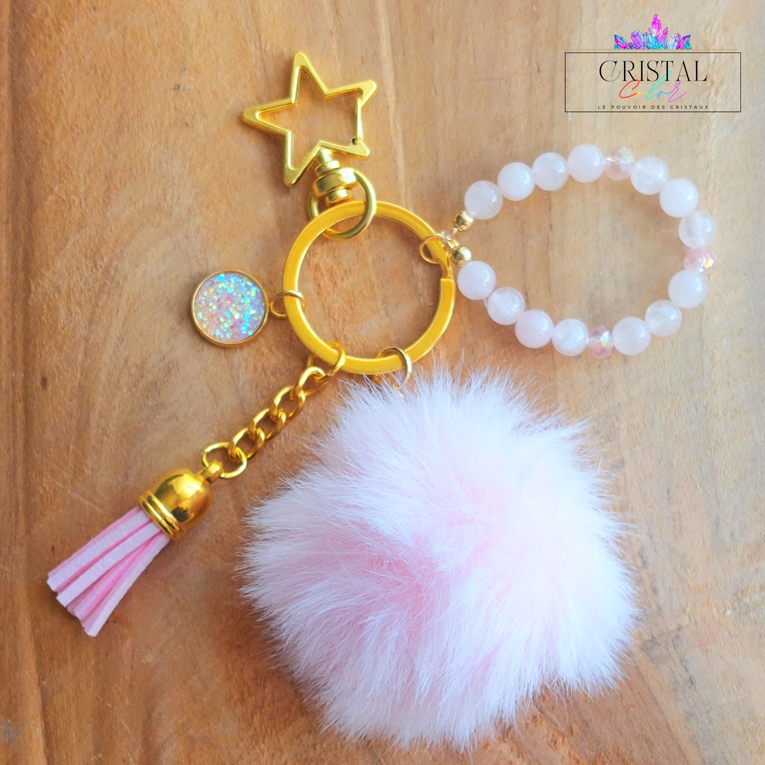 porte-cles-rose-or-pierres-naturelles-quartz-rose-cristal-de-verre-cristal-color-le-pouvoir-des-cristaux-fourrure-pompon-lithotherapie
