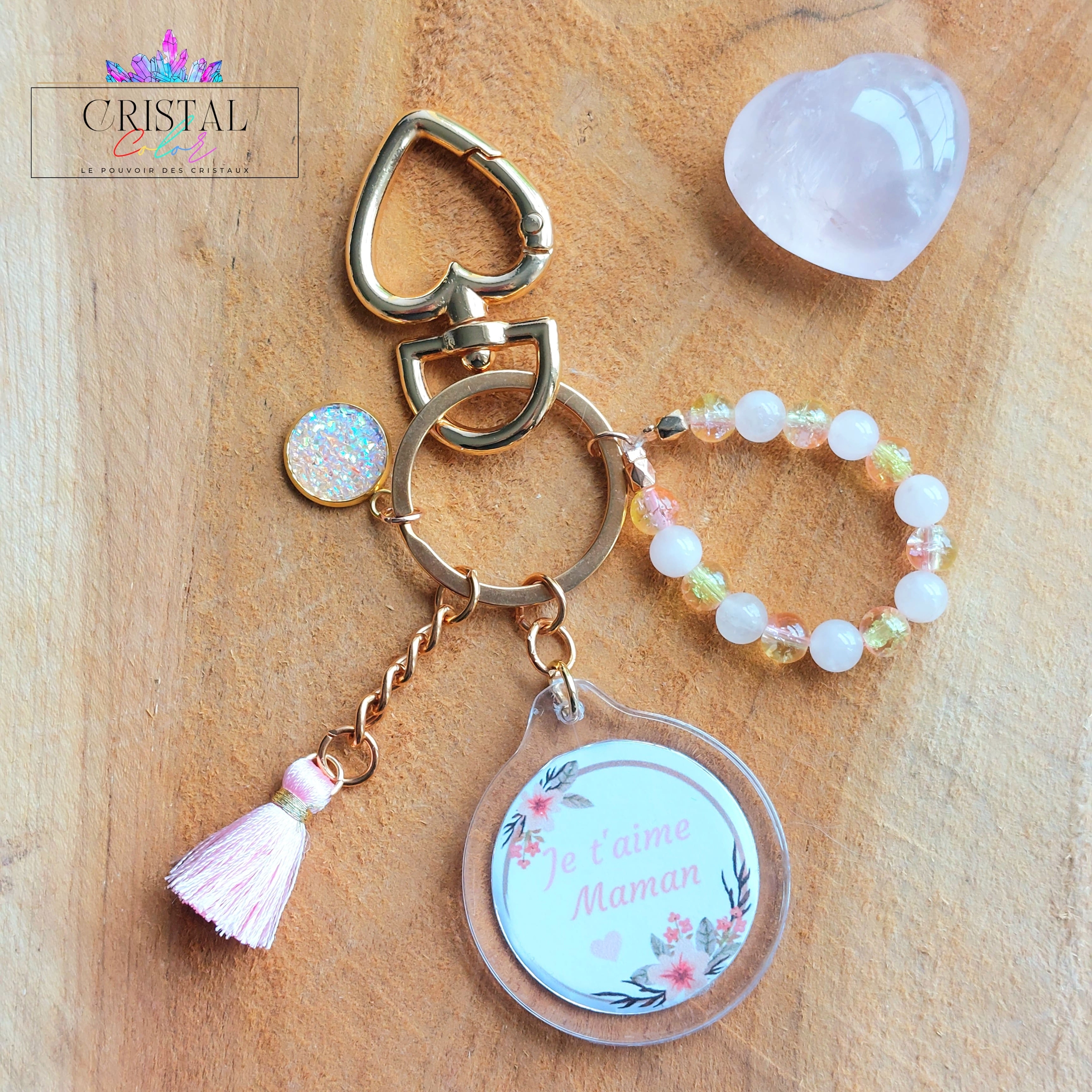 cadeau-fête-des-mères-porte-clés-personnalisé-je-t-aime-maman-lithothérapie-pierre-naturelle-quartz-rose-cristal-de-verre-cristal-color-fete-maman-by-aline