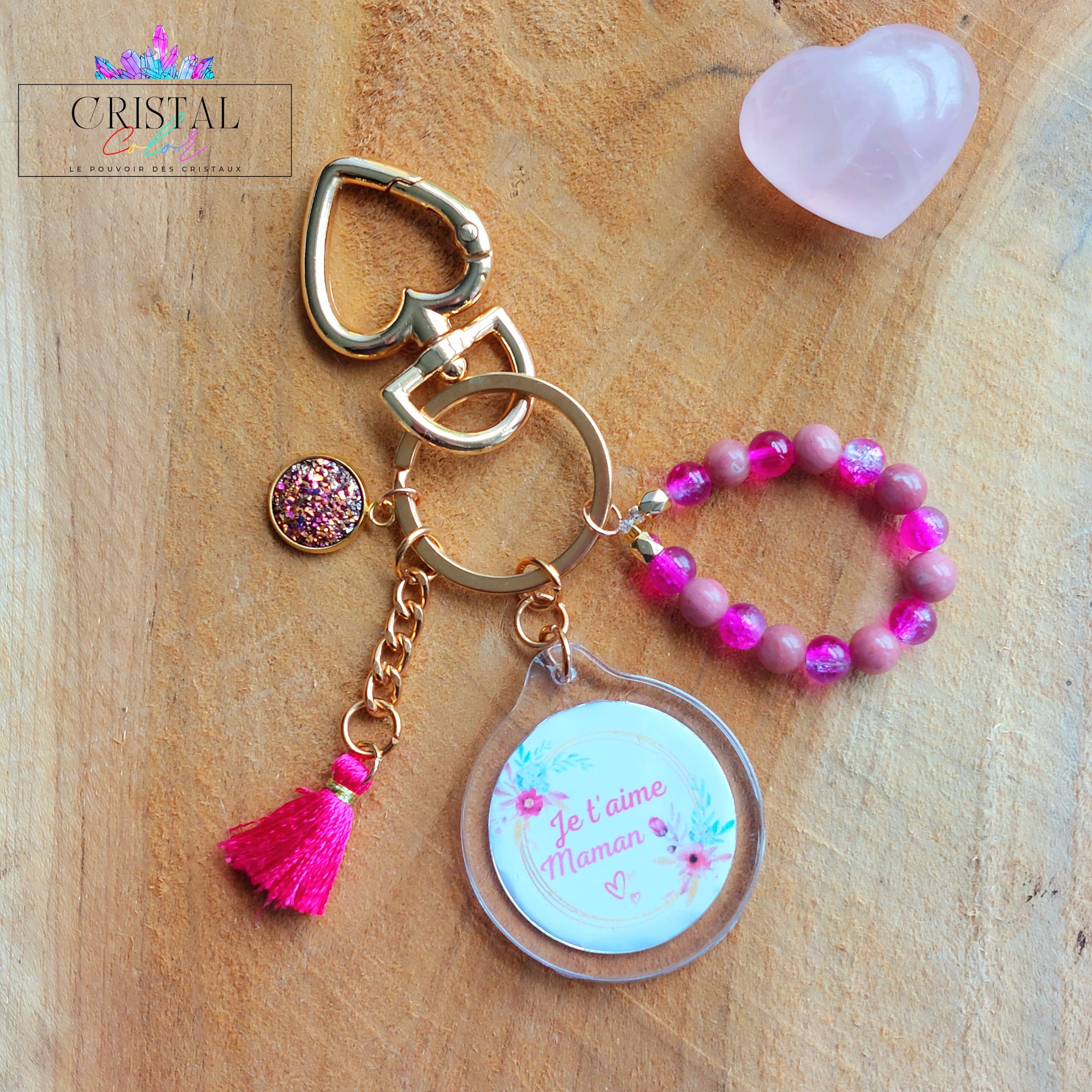 cadeau-fête-des-mères-porte-clés-personnalisé-je-t-aime-maman-lithothérapie-pierre-naturelle-rhodonite-cristal-de-verre-cristal-color-fete-maman-by-aline