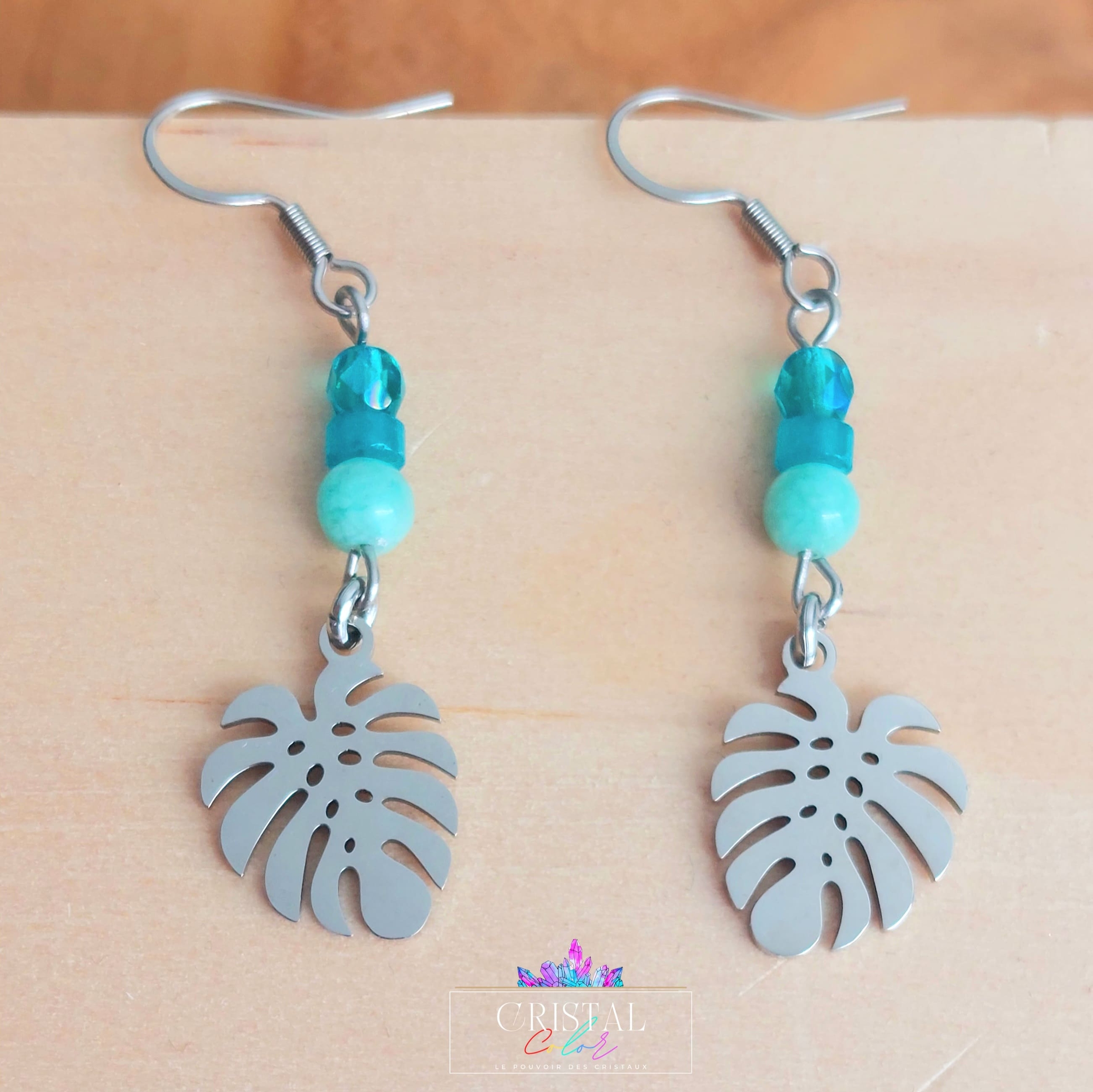 Boucles d’oreilles tropicales – Apatite &amp; Amazonite – Acier inoxydable argenté-CRISTAL-COLOR