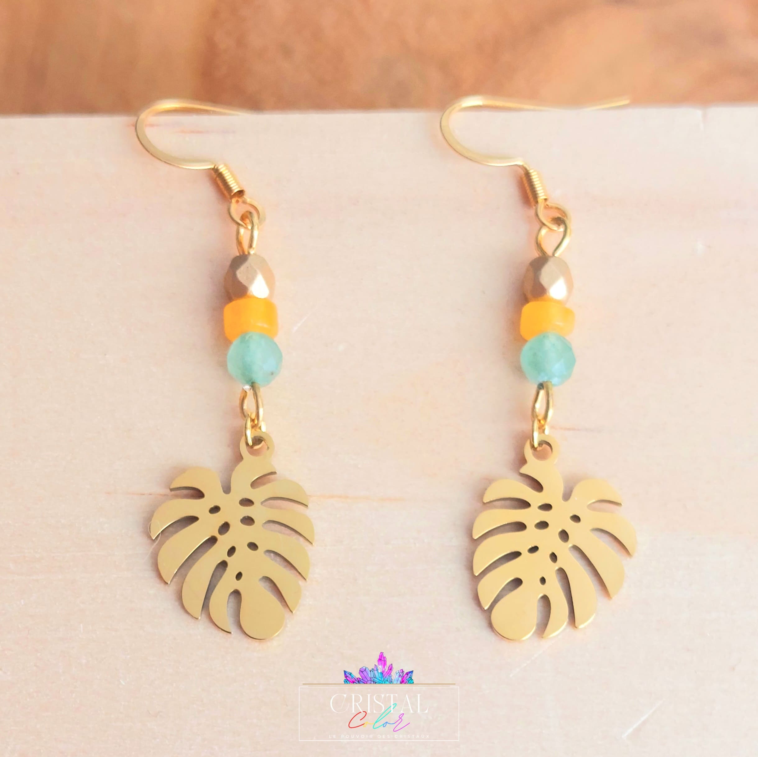 Boucles d’oreilles tropicales – Calcite &amp; Aventurine – Acier inoxydable doré-CRISTAL-COLOR