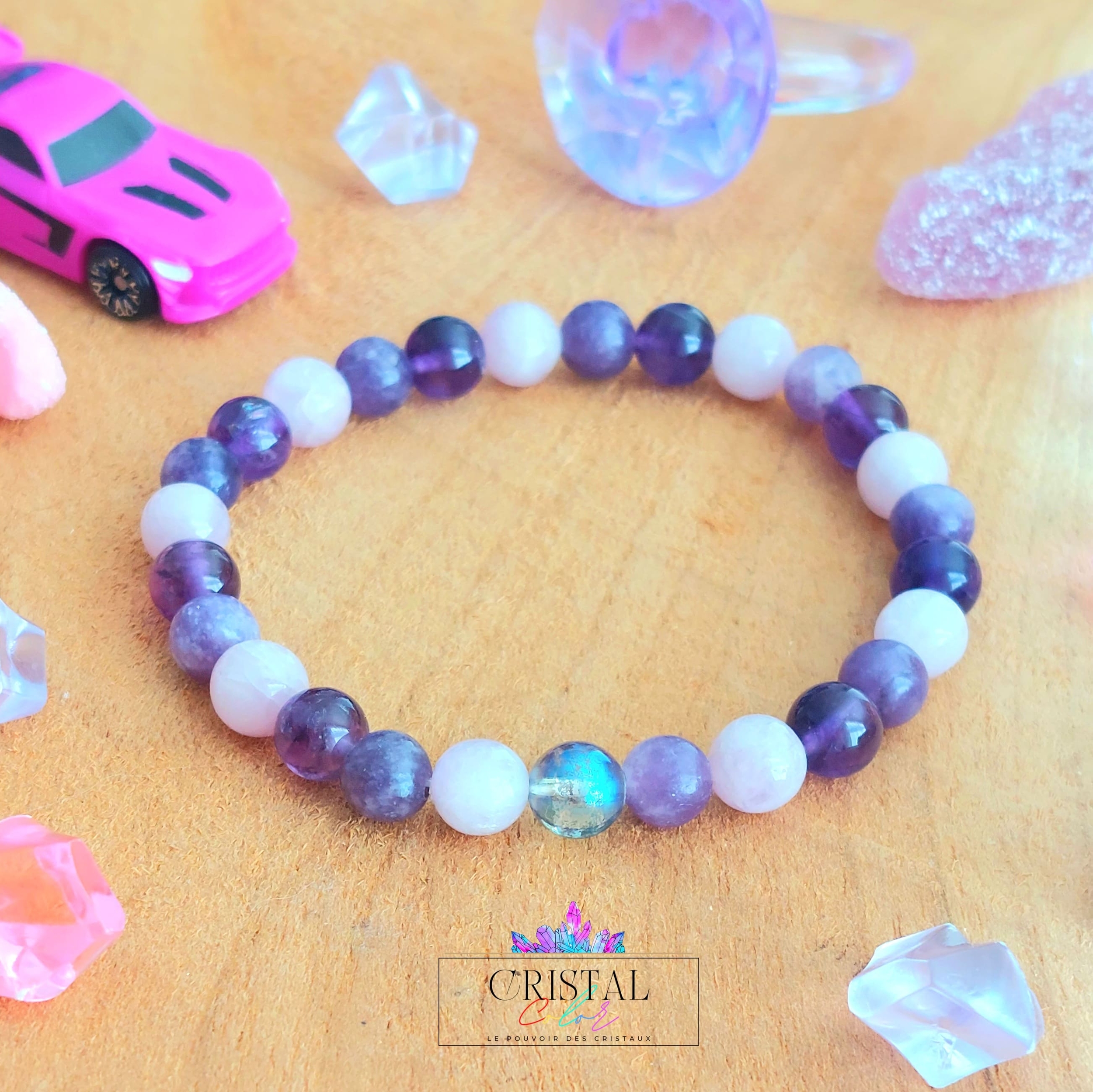 bracelet enfant pierres naturelles amethyste lepidolite kunzite cristal de roche rentree scolaire serenite apaisement paix interieure douce nuit cristal color