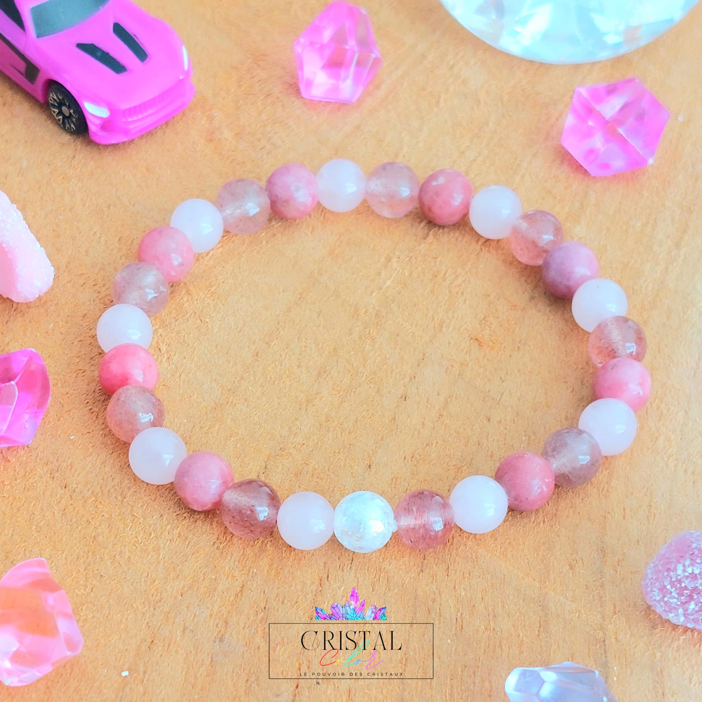bracelet enfant pierres naturelles quartz fraise quartz rose rhodonite cristal de roche amour confiance en soi stress rentree scolaire calin cristal color