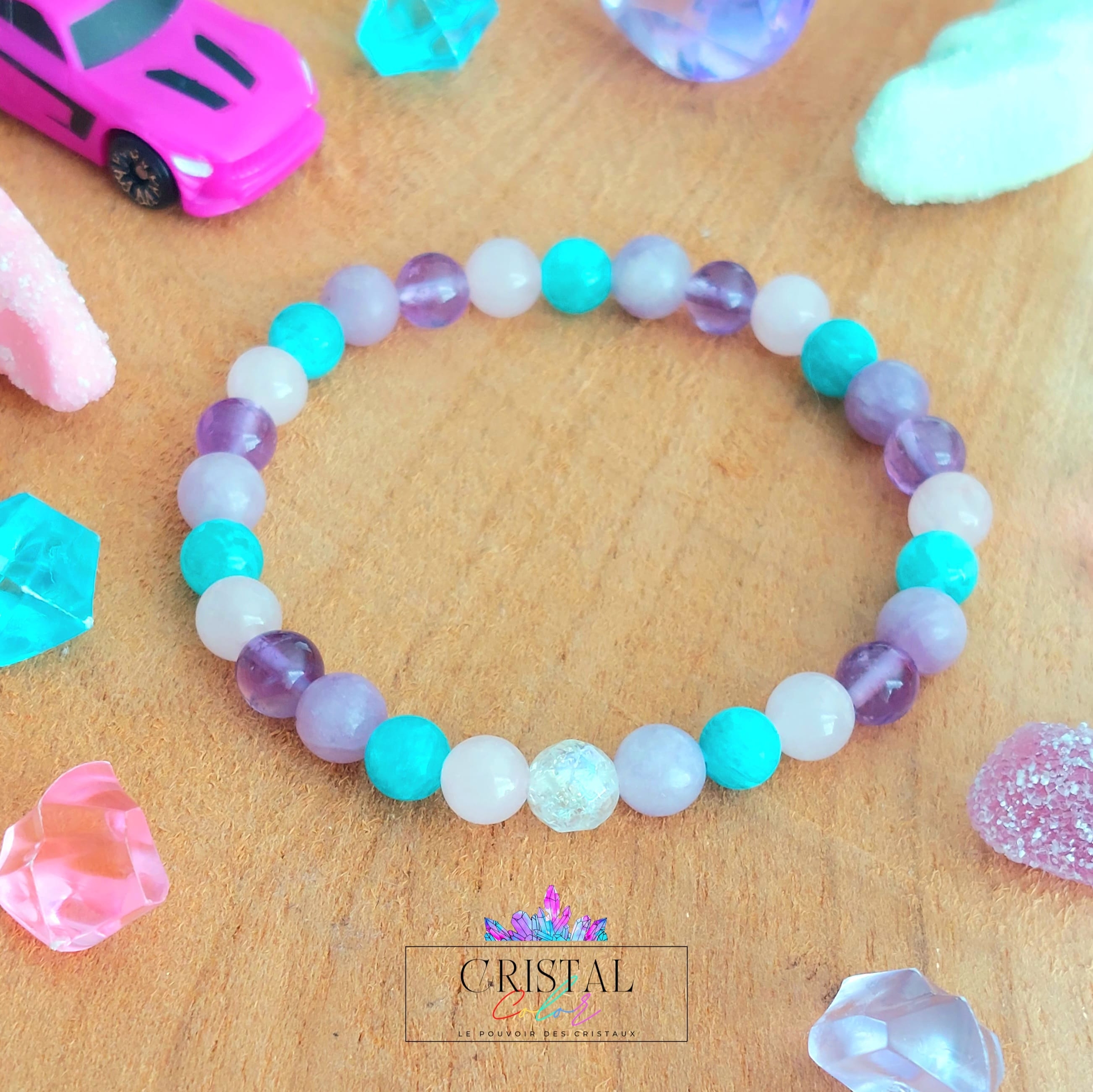 bracelet enfant cristal color pierres naturelles amazonite quartz rose amethyste lepidolite cristal de roche force courage serenite amour tendresse calme