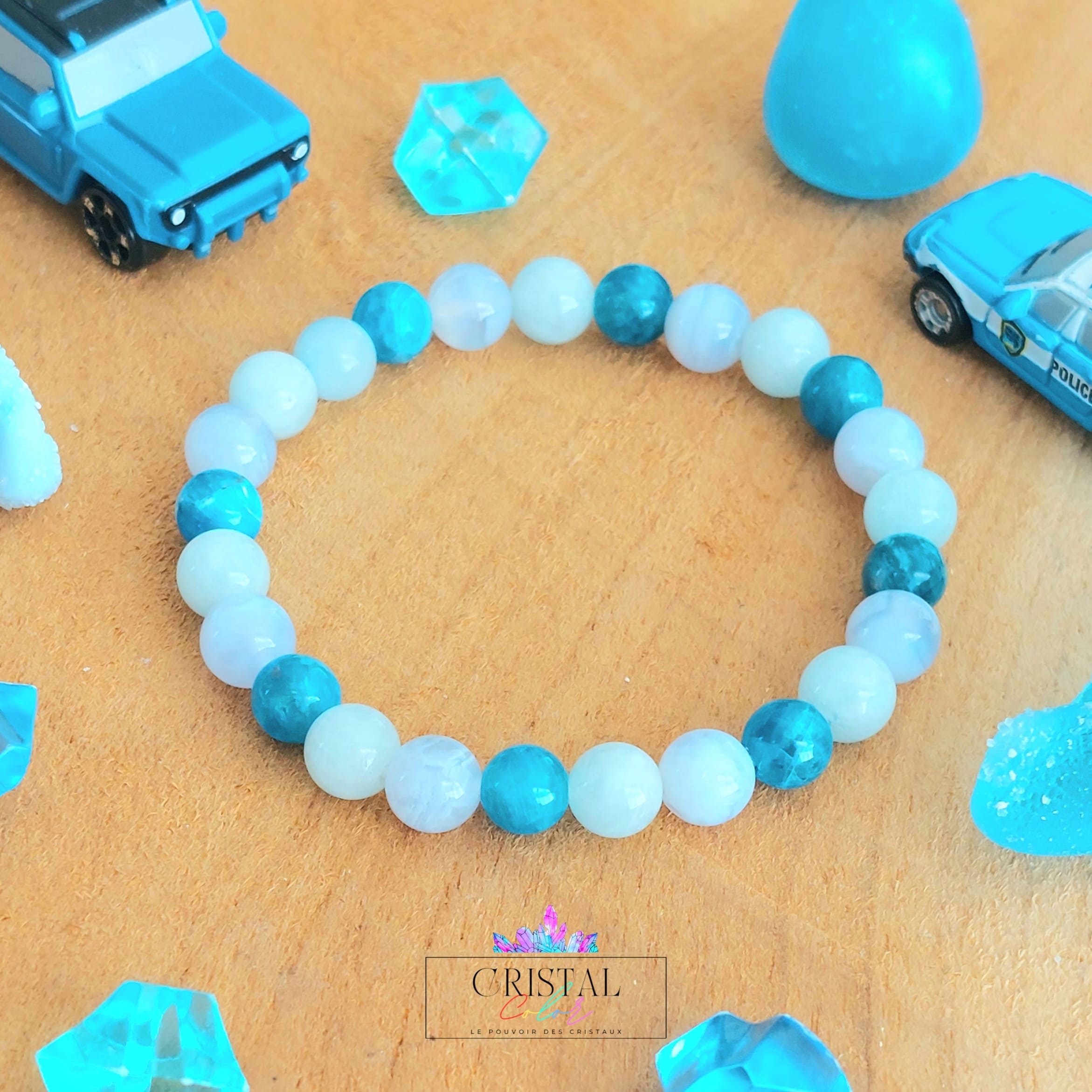 bracelet enfant cristal color pierres naturelles calcedoine apatite aigue marine communication timidite serenite emotions croissance systeme immunitaire orl