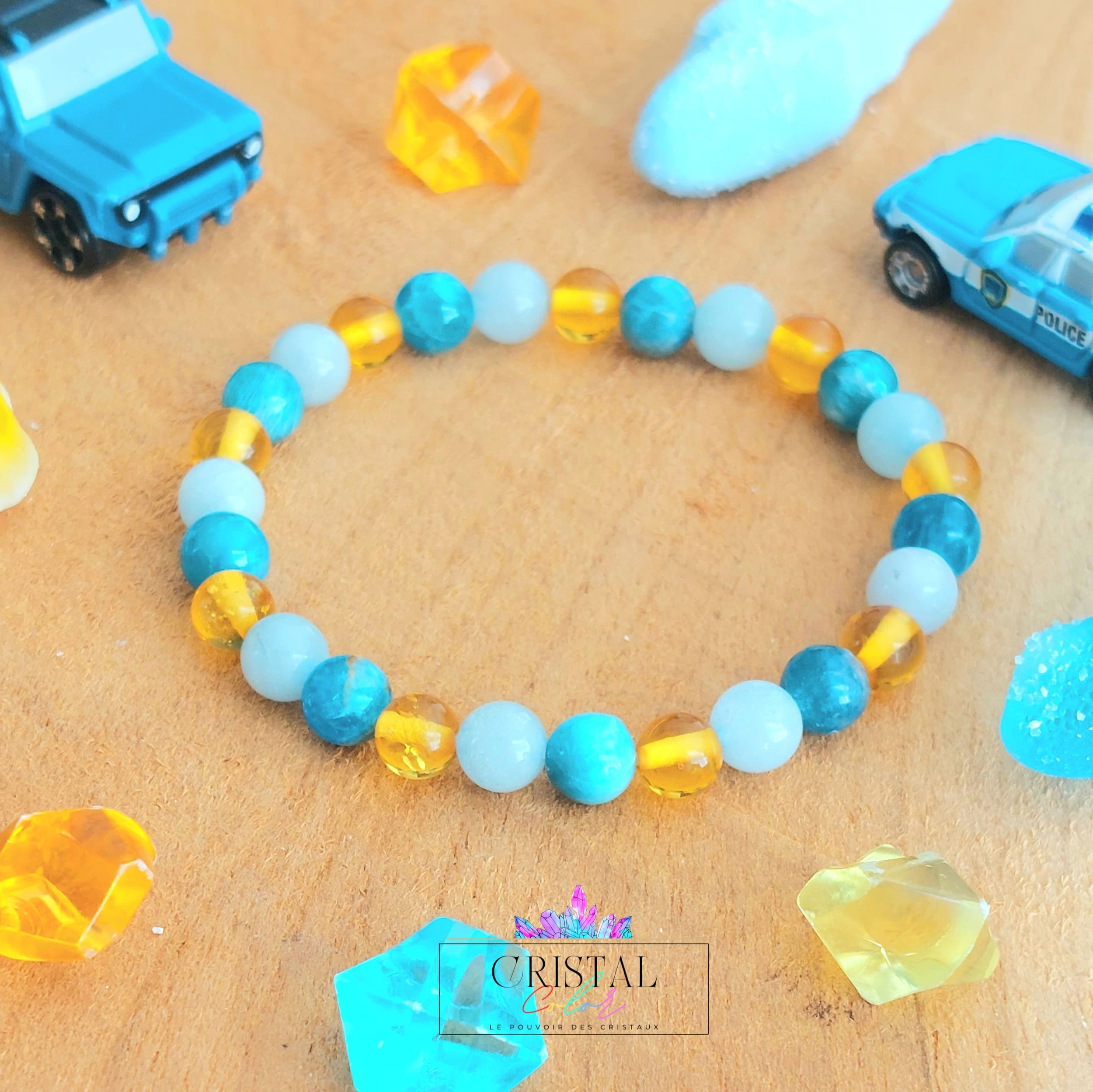bracelet enfant cristal color pierres naturelles ambre apatite aigue marine croissance orl apaisement dent motivation communication angoisses